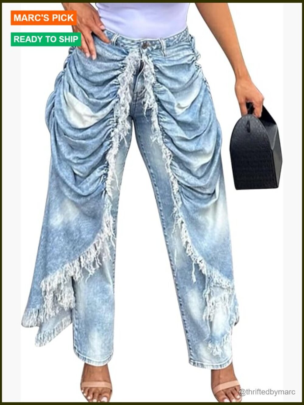 High Waisted Baggy Distressed Patchwork Denim Jeans Ruched Draped